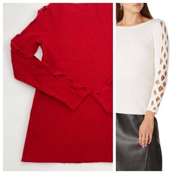 Ramy Brook XS Kimila Pullover Sweater Lattice Criss-Cross Arm Cashmere Blend Red - Picture 1 of 13